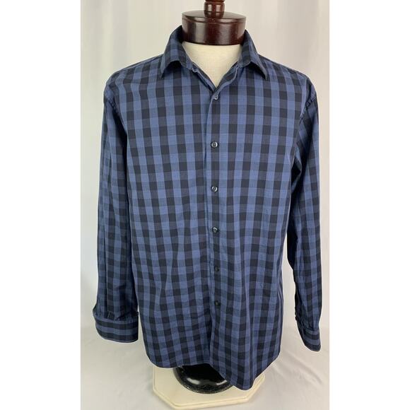 Large Alfani Slim Fit Stretch Long Sleeve Button Up Blue Plaid Check Dress Shirt - Picture 6 of 7